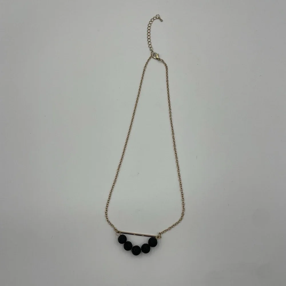 Gold Tone Black Lava Stone Aromatherapy Essential Oil Statement Necklace 18-20